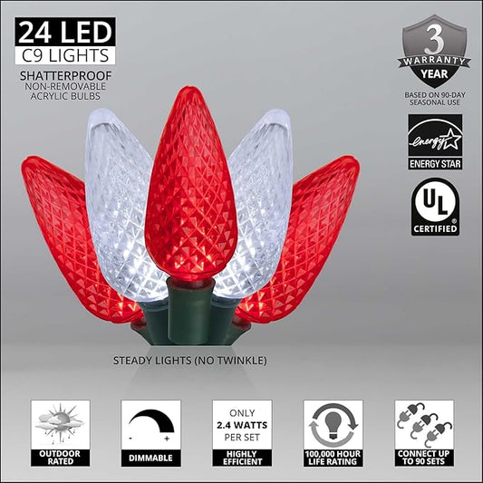 Wintergreen Lighting 24 C9 Red and White LED Christmas Lights, 16.3 ft – Candy Cane Indoor/Outdoor C9 String Lights