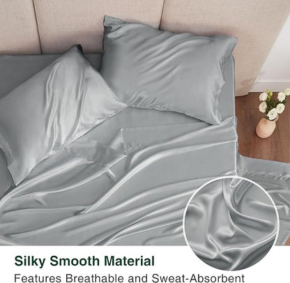 Love's cabin Satin Queen Sheets Set - 4 Piece Silver Silky Bed Sheets with Deep Pocket, Luxury Silk Feel Satin Queen Size Sheet Set (1 Flat Sheet,1 Fitted Sheet,2 Pillow Cases)