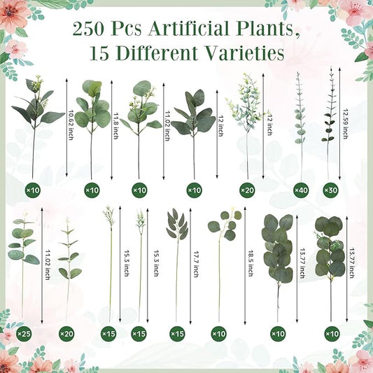 250 Pcs Artificial Eucalyptus Leaves Stem Bulk Fake Greenery Faux UV Resistant Sprays Silver Dollar Eucalyptus for DIY Wedding Bouquet Vase Floral Arrangement Decor (Green,15 Kinds)