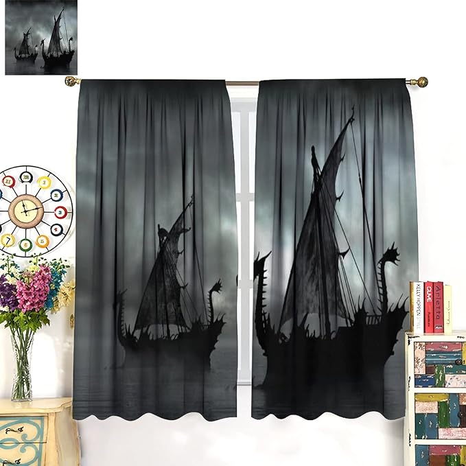 Viking Ship Blackout Curtains,Gloomy Misty Lake Landscape Fantasy Black White Color Sailing Dragon Boat Window Drapes for Boys Girls Bedroom Living Room,Norse Decor 72x63in