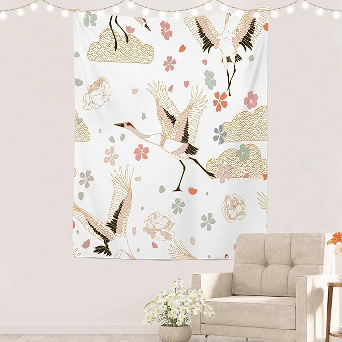 Batmerry White and Gold Japanese Tapestry,Rustic Wall Art Hanging Decoration Polyester Fiber White Ruffled Around for Dorm Room Bedroom Living Room, 82.7x59.1 inches