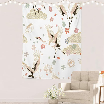 Batmerry White and Gold Japanese Tapestry,Rustic Wall Art Hanging Decoration Polyester Fiber White Ruffled Around for Dorm Room Bedroom Living Room, 82.7x59.1 inches
