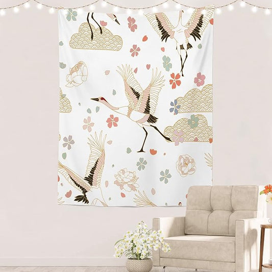 Batmerry White and Gold Japanese Tapestry,Rustic Wall Art Hanging Decoration Polyester Fiber White Ruffled Around for Dorm Room Bedroom Living Room, 59.1x51.2 inches