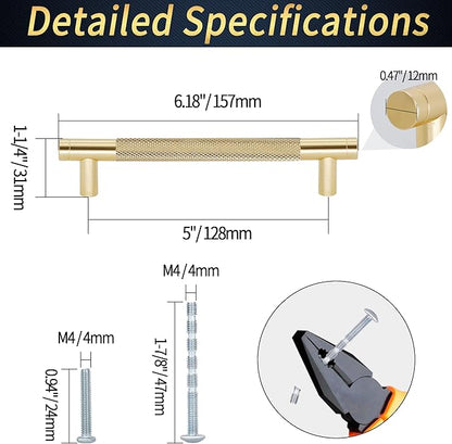 Knurled Cabinet Pulls 2 Pack, 6 Inch Long Cabinet Handles Metal Door Pulls, Kitchen Drawer Pull Knurled Dresser Handles - 5" Hole to Hole, Golden