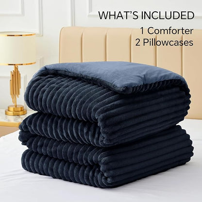 BEDELITE Fleece California King Comforter Set -Super Soft & Warm Fluffy Navy Blue Bedding, Luxury Fuzzy Heavy Bed Set for Winter with 2 Pillow Cases