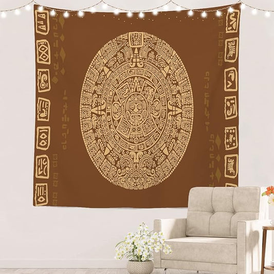 Batmerry Brown Ancient Mayan Tapestry, Calendar Wall Art Hanging Decoration Polyester Fiber White Ruffled Around for Dorm Room Bedroom Living Room, 59.1x59.1 inches