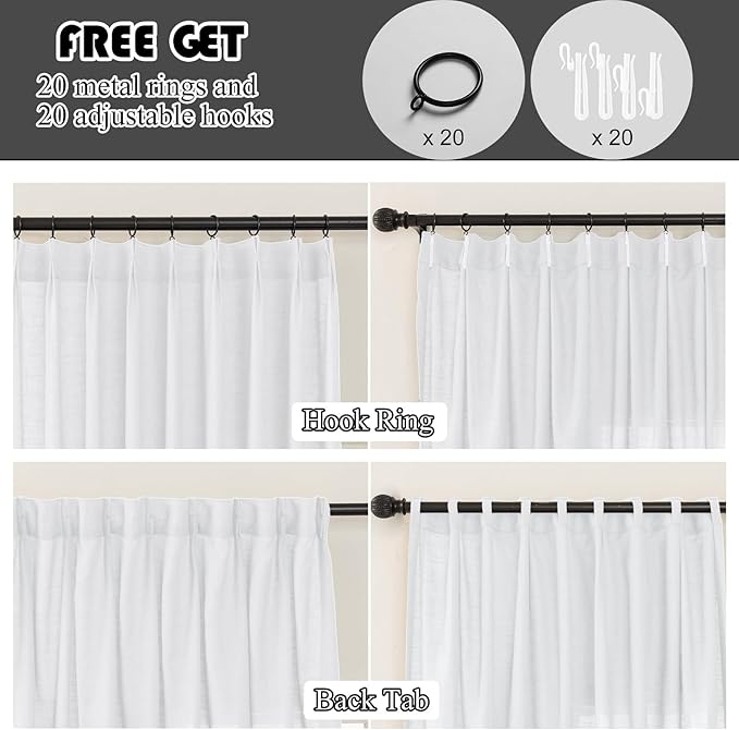 White Sheer Linen Pinch Pleated Sliding Door Curtains, 2x50 Inches Width, Cotton Look Light Filtering Drapes 108 Inches Long, Soft Textured Farmhouse Floor to Ceiling Window Curtain Panels