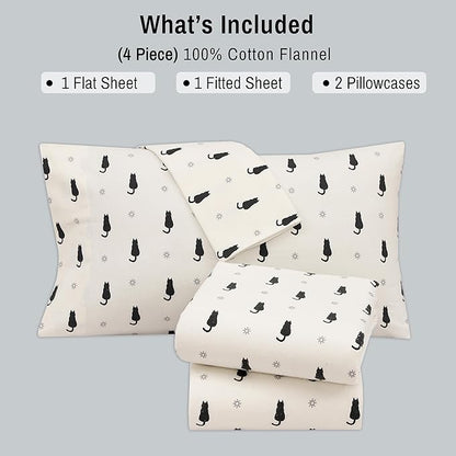 RUVANTI Flannel Sheets California King Size - 100% Cotton Brushed Cal King Bed Sheets Set - Deep Pockets 14 Inches - All Seasons Breathable & Extra Soft - Warm & Cozy, 4 Piece, Black Cat
