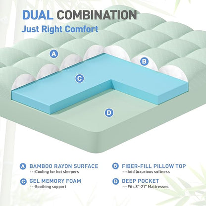 Dual Layer 3 Inch Memory Foam Mattress Topper Full Size, 2 Inch Gel Memory Foam Plus 1 Inch Cooling Pillow Top Mattress Pad Cover, with 8-21 Inch Deep Pocket, Green