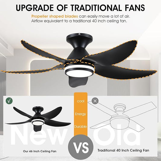 46 inch Ceiling Fans with Lights and Remote/APP Control, Modern Flush Mount Ceiling Fans with 5 Reversible Blades 6 Speeds, 3 Colors Dimmable+Ring Lights for Bedroom Dining Room, Black
