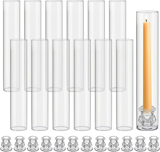 12 Set Christmas Glass Hurricane Candle Holders 12.6" Open Ended Glass Candleholder Tube Shape Bottomless and 2.2" Taper Clear Candlestick Holders for Wedding Party Table Centerpiece (Clear)