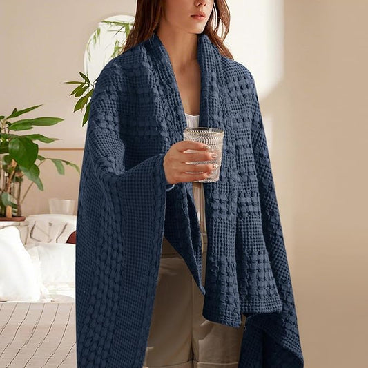 PHF 100% Cotton Waffle Weave Throw Blanket, Soft Lightweight Breathable Cozy Throws for Couch Bed Sofa, Luxury Aesthetic Woven Blanket for Home Decor & Office, 50"x60", Indigo