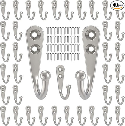 POZEAN 40 Pack Wall Hooks - Silver Coat and Towel Hooks with 80 Screws, for Hanging Coats, Scarves, Bags, Towels, Keys, Caps, Cups, Hats and More