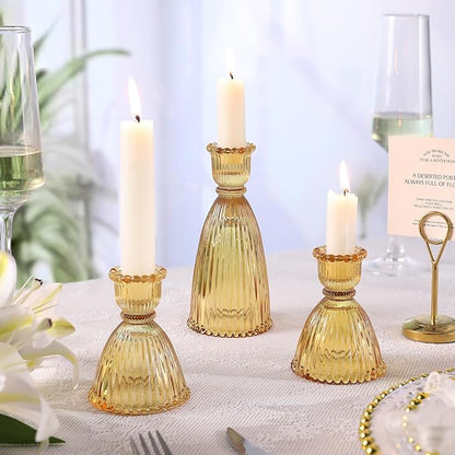 6 Pcs Amber Glass Candlestick Holders (3.5"/6", Assorted)- Tall Taper Candle Holders with Vintage Design, Candle Stick Holders in Bulk for Fall Party Decor, Amber Candle Holder for Tapered Candles