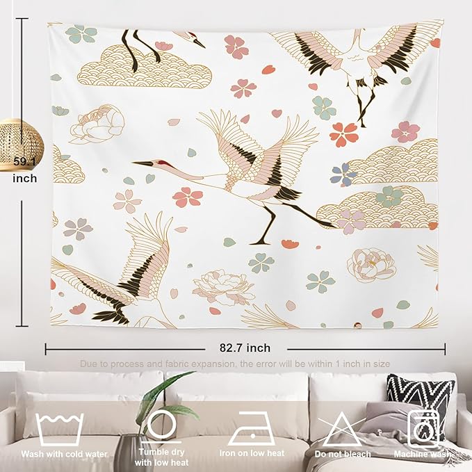 Batmerry White and Gold Japanese Tapestry, Rustic Wall Art Hanging Decoration Polyester Fiber White Ruffled Around for Dorm Room Bedroom Living Room, 59.1x82.7 inches