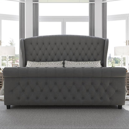AMERLIFE King Size Platform Bed Frame, Velvet Upholstered Sleigh Bed with Scroll Wingback Headboard & Footboard/Button Tufted/No Box Spring Required/Grey