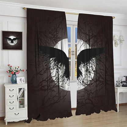 Cool Raven Print Curtains - Vintage Nordic Viking Theme Dead Tree Crow Full Moon Thermal Insulated Blackout Curtains - Rod Pocket Window Treatment Drapes for Bedroom 2 Panels 84L x 42W
