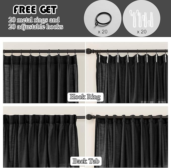 Black Linen Sheer Pinch Pleated Sliding Door Curtains, 2x50 Inches Width, Dark Moody Neutral Light Filtering Drapes 84 Inches Long, Textured Modern Farmhouse Window Curtain Panels