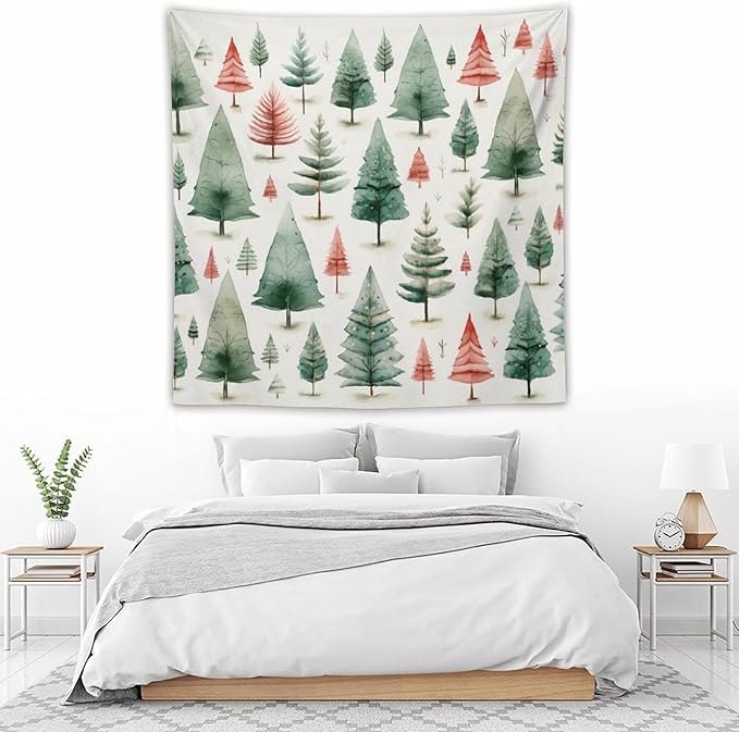 MaSiledy Tapestry Vintage Christmas Tree Watercolor Tapestry Aesthetic Winter Christmas Wall Tapestries Wall Hanging Decor Tapestry for Bedroom Aesthetic Alt Room Landscape 60"x60"