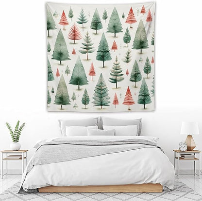 MaSiledy Tapestry Vintage Christmas Tree Watercolor Tapestry Aesthetic Winter Christmas Wall Tapestries Wall Hanging Decor Tapestry for Bedroom Aesthetic Alt Room Landscape 60"x60"