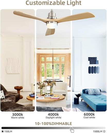 Sofucor 52 Inch Smart Ceiling Fans with Lights and Alexa/Google Assistant/APP/Remote Control-Modern Outdoor 3 Solid Wood Blades Ceiling Fan for Bedroom Living Room Patio, Sandy Nickel&Natural Wood