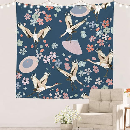 Batmerry Navy Blue Japanese Cherry Tapestry,Oriental Wall Art Hanging Decoration Polyester Fiber White Ruffled Around for Dorm Room Bedroom Living Room, 59.1x59.1 inches