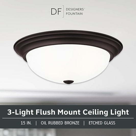 DESIGNERS FOUNTAIN Reedley 3-Lights Flush Mount Ceiling Light, 15 Inch Lighting Fixture for Kitchen, Bedroom, Bathroom, and Hallway, Oil Rubbed Bronze with Etched Glass, 1257L-ORB-W