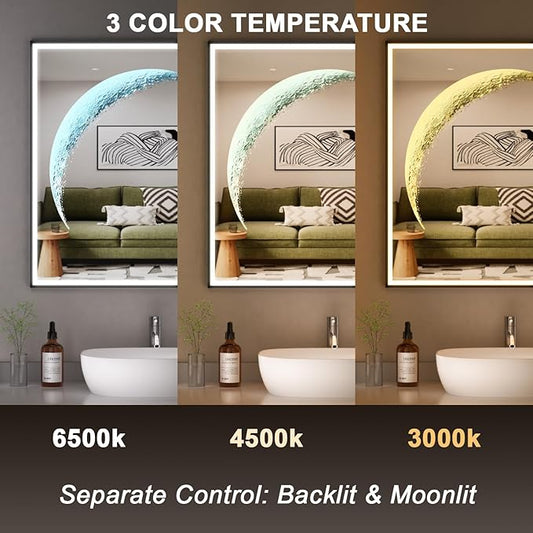 LED Bathroom Mirror, 32x32 inch Square Black Frame Mirror with 3 Color Lights, Half Moon Light, Defogger, Wall Mounted LED Vanity Mirror for Bedroom, Entryway, Living Room, Home Decor