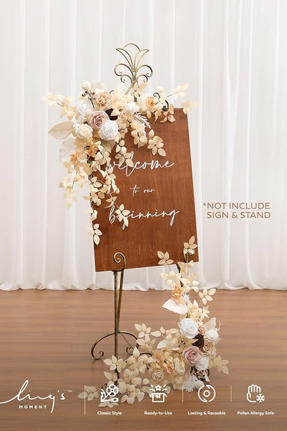 Ling's moment 2pcs Wedding Flowers Garland Artificial Floral Swag Arch Decorations Greenery Arrangements White & Beige Ceremony Reception Garden Easel Wall Entryway Outdoor Board(NOT Include Sign)