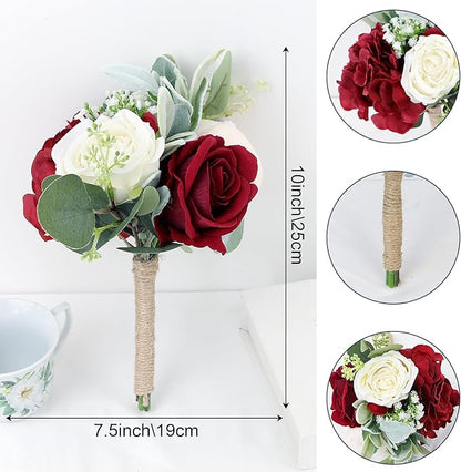 Artificial Flowers Bridesmaid Bouquets - Set of 2 Bridesmaid Bouquet Burgundy White Handmade Silk Floral Bouquet for Wedding Ceremony Anniversary, Bridal Shower, Home Table Decorations