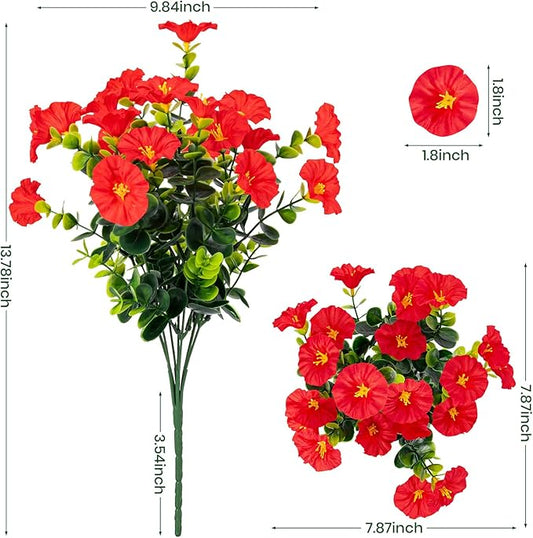 Artificial Faux Flowers for Outdoor 16 Bundles Boxwood Fake Morning Glory for Planter,UV Resistant Fake Flowers for Home Porch Patio Outside（Red）