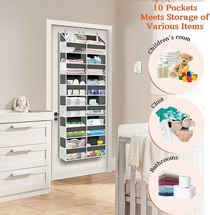 Over the Door Organizer 6 Tiers, Extra Large Behind Door Storage of 12 Compartments, 80 lbs Weight Capacity Hanging Storage Organizer with Clear Window Kids Toys, Shoes, Diapers, Room storage