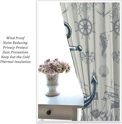 Nautical Anchor Curtains, Vintage Sailboat Ocean Coastal Lighthouse Window Drapes, Navy Blue Coral Shell Seahorse Beach Print Blackout Window Treatments for Living Room Bedroom 55x63in