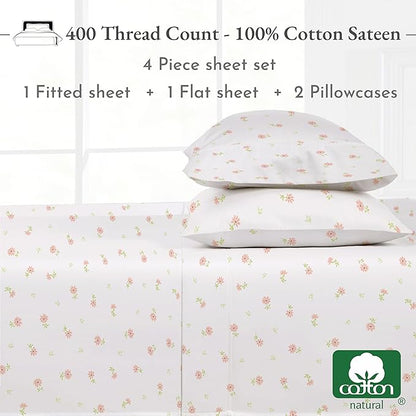 California Design Den Queen Sheet Set - 400 Thread Count Sateen, Natural 100% Cotton Sheets, Deep Pocket Cooling and Durable Bedding - Soft Floral