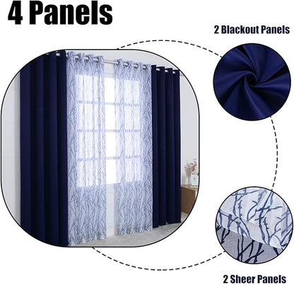 BONZER Mix and Match Curtains - 2 Pieces Branch Print Sheer Curtains and 2 Pieces Blackout Curtains for Bedroom Living Room Grommet Window Drapes, 37x63 Inch/Panel, Indigo, Set of 4 Panels
