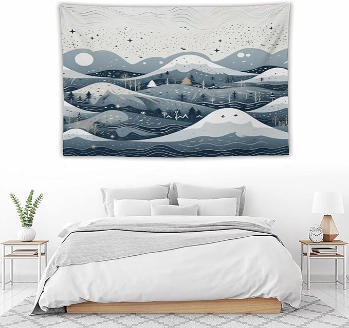 Snow Mountain Scandinavian Winter Wall Tapestry Hello Winter Holiday Tapestries for Bedroom Landscape Tapestry Wall Hanging for Dorm Living Room 60"x90" Tapestries Winter Snowflake Decorative