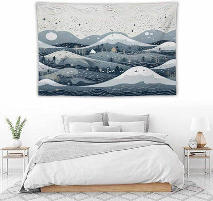 Snow Mountain Scandinavian Winter Wall Tapestry Hello Winter Holiday Tapestries for Bedroom Landscape Tapestry Wall Hanging for Dorm Living Room 60"x90" Tapestries Winter Snowflake Decorative