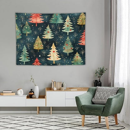 Vintage Christmas Tree Watercolor Tapestry As Wall Art Winter Christmas Tapestry for Bedroom Aesthetic Landscape Tapestry Wall Hanging for Dorm Living Room 30"x40" Christmas Family Party