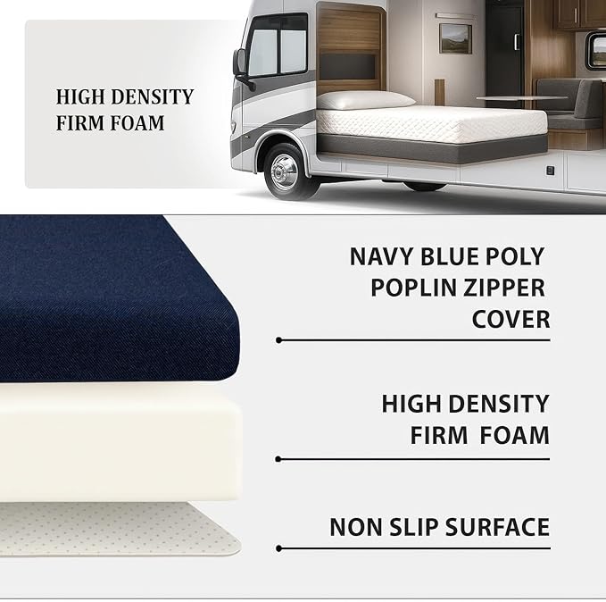 Foamma 3” x 30” x 72” Water Resistant RV Bunk Mattress, Firm High Density Foam, Comfortable and Durable Polyester Cover, Truck, Camper, Travel Trailer, Made in USA