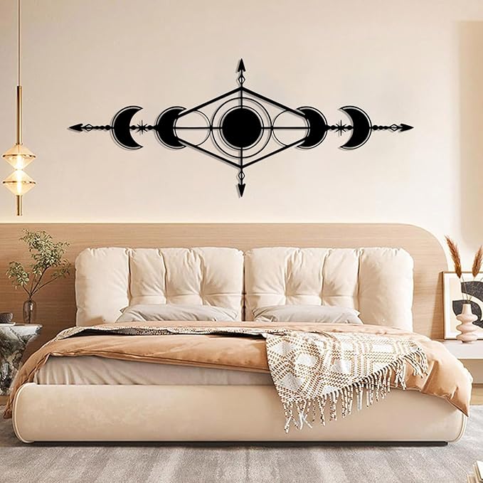 Hfrolixit Moon Phase Metal Wall Decor, Boho Moon Metal Wall Art, Celestial Wall Decor, Scandinavian Natural Wall Art, Astrology Wall Hanging (Black, 35"x14"/90x36cm)