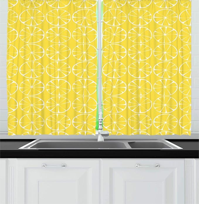 Lunarable Lemon Kitchen Curtains, Summer Inspired Pattern with Round Citrus Slices Vitamin Sour Fruit, Window Drapes 2 Panel Set for Kitchen Cafe Decor, 55" X 39", Pastel Yellow and White