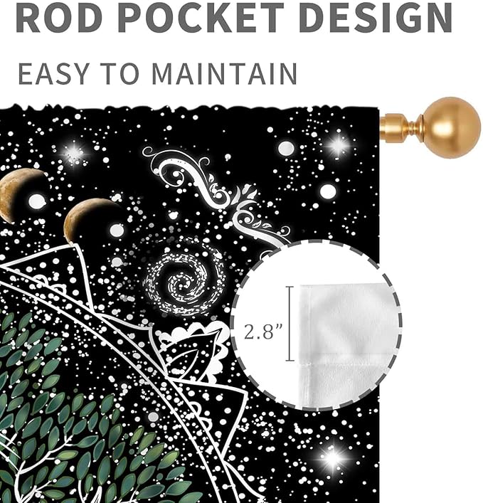 Life Tree Curtains, Hippie Sun Moon Trippy Tree of Life Bohemian Mandala Aesthetci Mystic Witchy Blackout Window Drapery Treatments for Bedroom Living Room Bathroom Decor, 52"x84" Inch