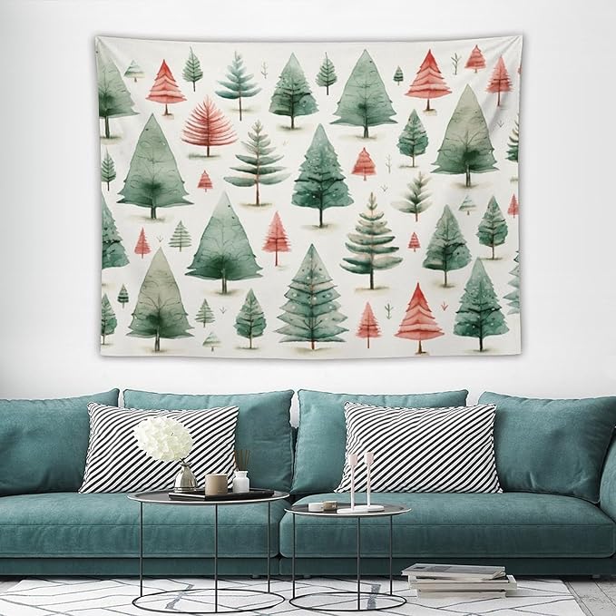 MaSiledy Vintage Christmas Tree Watercolor Tapastry's Wall Hanging Xmas Rustic Winter Holiday Tapestry for Bedroom Aesthetic Landscape Tapestry Wall Hanging for Bedroom Living Room Dorm Decor 60"x80"