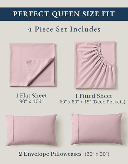 LANE LINEN Eco Friendly 100% Organic Cotton Sheets Queen Size, Mercerized Cotton Fully Elasticized Reinforced Seams Low Pill Fade Resistant Hotel Luxury Bed Sheets Set- Dusty Rose