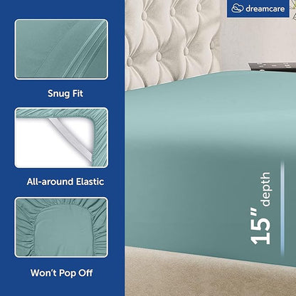 DREAMCARE King Size Sheets Set – 6 pcs Cooling Bed Sheets – up to 15” Deep Pocket King Sheet Set – 2500 Supreme Collection – Extra Soft 100% Brushed Microfiber Hotel Luxury with Side Pocket – Spa Blue