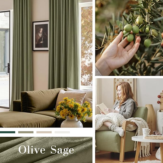 Lazzzy Velvet Blackout Curtains Thermal Insulated Room Window Drapes Super Soft Luxury Curtains for Living Room Bedroom Rod Pocket 2 Panels, Olive Sage, 52" W x 108" L