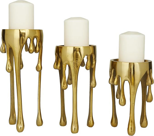CosmoLiving by Cosmopolitan Aluminum Metal Abstract Decorative Candle Holder Melting Drip Candle Stand, Set of 3 Candlestick Holder 12", 10", 8"H, Gold