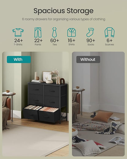 SONGMICS Dresser for Bedroom, Chest of Drawers, TV Stand, Steel, MDF, 6 Non-Woven Fabric Drawers, Storage Organizer Unit, Closet, Entryway, Ink Black and Ebony Black ULGS123B01S