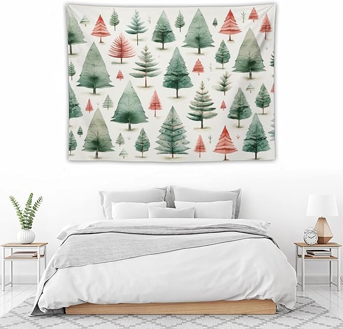 Vintage Christmas Tree Watercolor Tapestries Winter Christmas Wall Hanging Wall Tapestry Aesthetic Landscape Tapestry Wall Decor for Bedroom Living Room Dorm 30"x40" Christmas Family Party