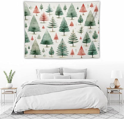 Vintage Christmas Tree Watercolor Tapestries Winter Christmas Wall Hanging Wall Tapestry Aesthetic Landscape Tapestry Wall Decor for Bedroom Living Room Dorm 30"x40" Christmas Family Party